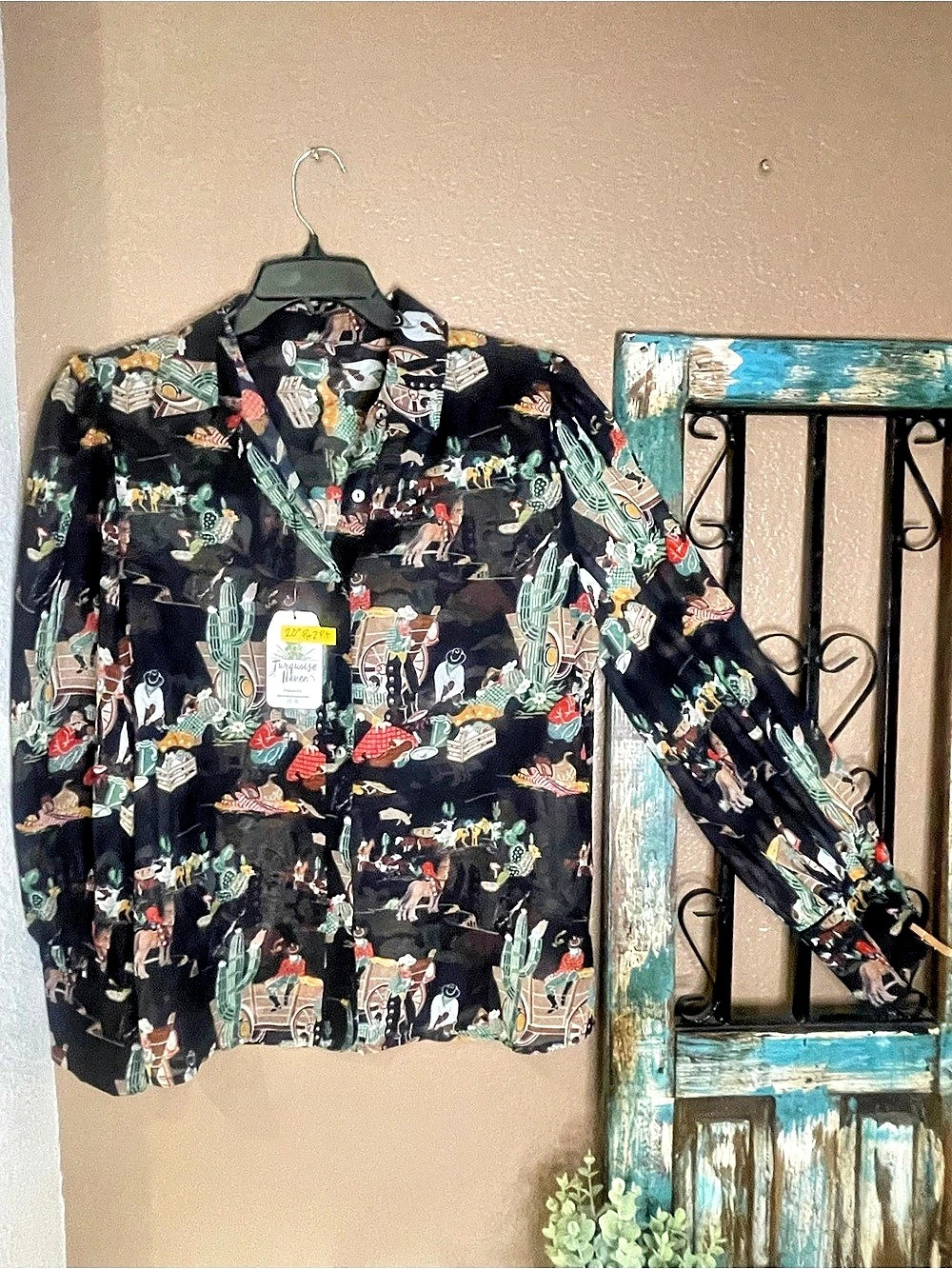 Turquoise Haven Roping Cowboy Sheer Blouse Printed Button Down Shirt